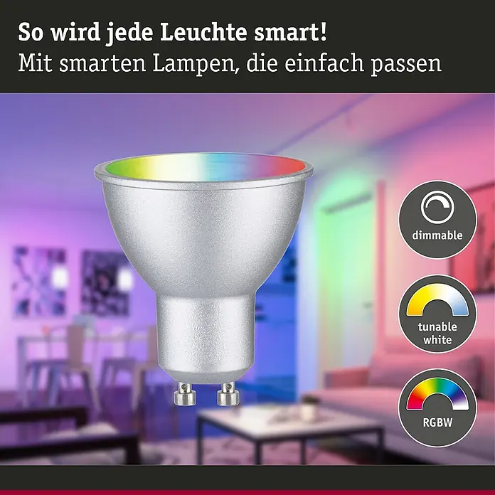 Paulmann Smart-LED-Lampe - GU10, Dimmbar, RGBW, 350 lm, 4,8 W, Chrom - Intelligente Lampe: So wird jede Leuchte smart. Mit dimmbaren smarten Lampen mit tunable white und RGBW Funktion.