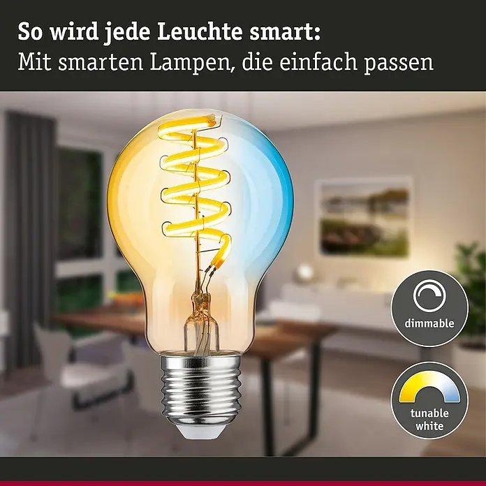 Paulmann Smart-LED-Lampe - E27, Dimmbar, Neutralweiß, 600 lm, 7,5 W, Birne - Intelligente Glühbirne mit Dimmfunktion und einstellbarem Weißton. Die perfekte smarte Beleuchtungslösung für Ihr Zuhause.