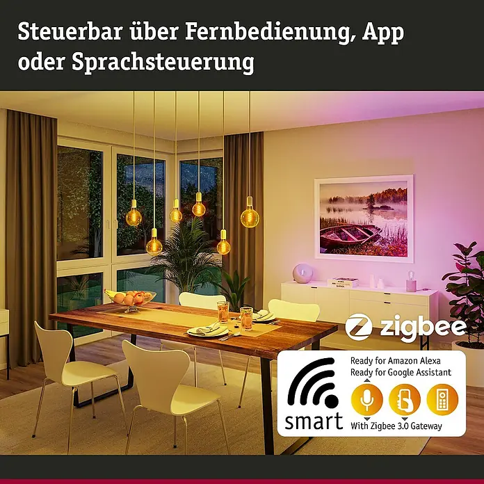 Paulmann Smart-LED-Lampe - E27, Dimmbar, RGBW, 470 lm, 6,3 W, Birne - Intelligente Zigbee-Leuchten, steuerbar per Fernbedienung, App oder Sprachsteuerung, kompatibel mit Amazon Alexa und Google Assistant.