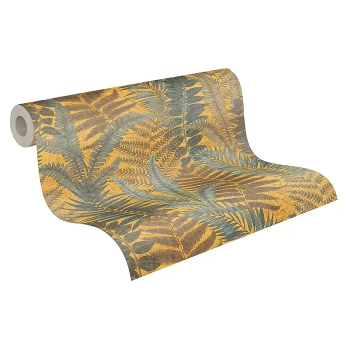 A.S. Création Famous Garden Vliestapete - Gelb-Blau-Braun, Floral, 10,05 x 0,53 m - Tapetenrolle mit goldenem Hintergrund und blau-grünem Farnmuster.