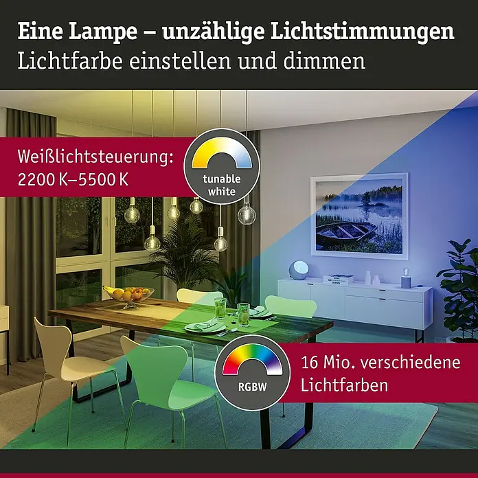 Paulmann Smart-LED-Lampe - E27, Dimmbar, RGBW, 470 lm, 6,3 W, Birne - Eine Lampe mit unzähligen Lichtstimmungen. Lichtfarbe einstellbar & dimmbar. Weißlichtsteuerung 2200 K-5500 K und 16 Mio. Lichtfarben.