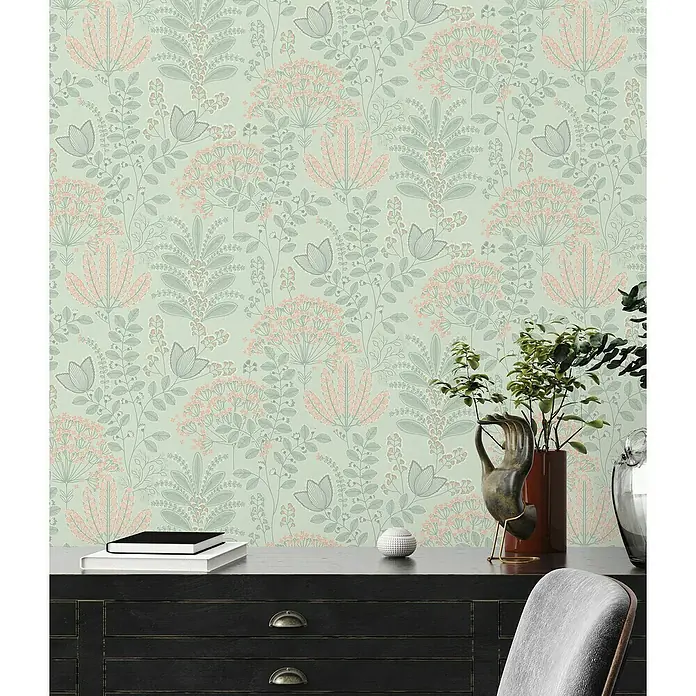 A.S. Création Famous Garden Vliestapete - Grün-Grau-Rosa, Floral, 10,05 x 0,53 m - Ein zartes botanisches Muster mit sanften Farben schafft eine ruhige und elegante Atmosphäre.