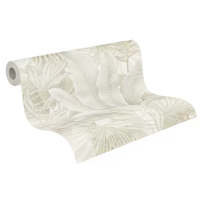 A.S. Création Stories of Life Vliestapete - Beige-Creme-Grau, Floral, 10,05 x 0,53 m - Rolle neutraler beiger Tapete mit dezentem tropischem Blättermuster.