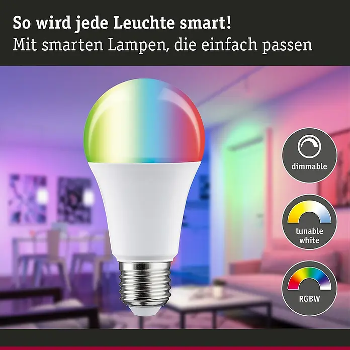 Paulmann Smart-LED-Lampe - E27, Dimmbar, RGBW, 1.055 lm, 11 W, Birne - Intelligente LED-Lampe mit Farbwechsel und Dimmfunktion. Perfekt für eine smarte Beleuchtungslösung im ganzen Haus.