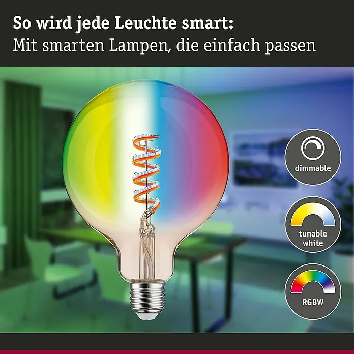 Paulmann Smart-LED-Lampe - E27, Dimmbar, RGBW, 470 lm, 6,3 W, G125, Rund - Intelligente Glühbirne mit Farbverlauf und den Symbolen dimmbar, tunable white und RGBW.