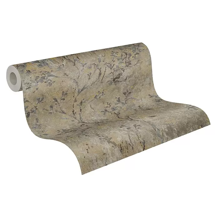 A.S. Création Stories of Life Vliestapete Zweig - Braun-Grau-Gold, Floral, 10,05 x 0,53 m - Rolle beiger und brauner Tapete mit abstraktem grau-gelbem Blumenmuster.