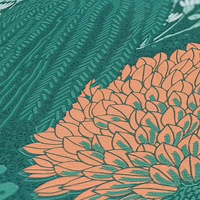 A.S. Création Famous Garden Vliestapete - Petrol-Orange-Grün, Floral, 10,05 x 0,53 m - Nahaufnahme eines Stoffmusters mit floralen Elementen in Grün- und Orangetönen, ideal für Heimtextilien oder Bekleidung.