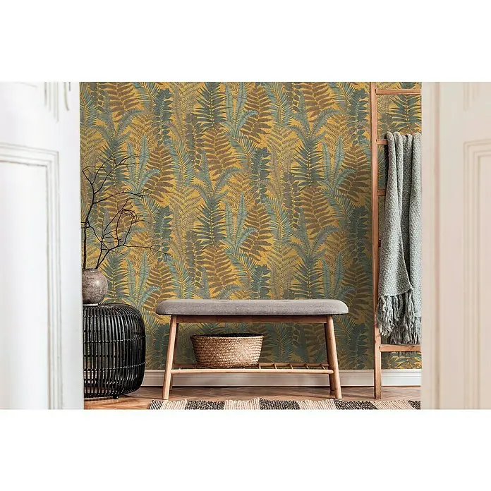 A.S. Création Famous Garden Vliestapete - Gelb-Blau-Braun, Floral, 10,05 x 0,53 m - Dekoratives Interieur mit einer Bank und Pflanzenmuster-Tapete, die eine stilvolle und natürliche Atmosphäre schafft.