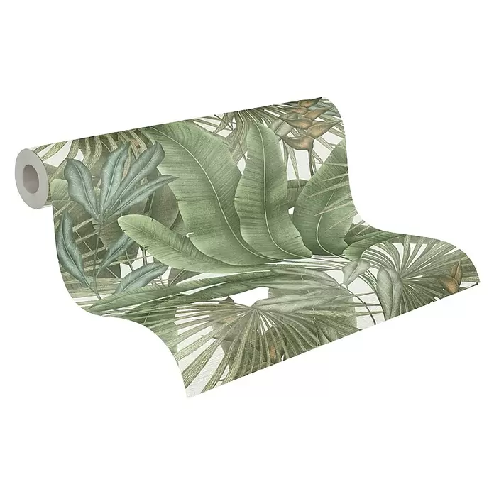 A.S. Création Stories of Life Vliestapete - Grün-Cremeweiß-Beige, Floral, 10,05 x 0,53 m - Tapetenrolle mit tropischen grünen Blättern und braunen Blüten, entrollt, um das Muster zu zeigen.