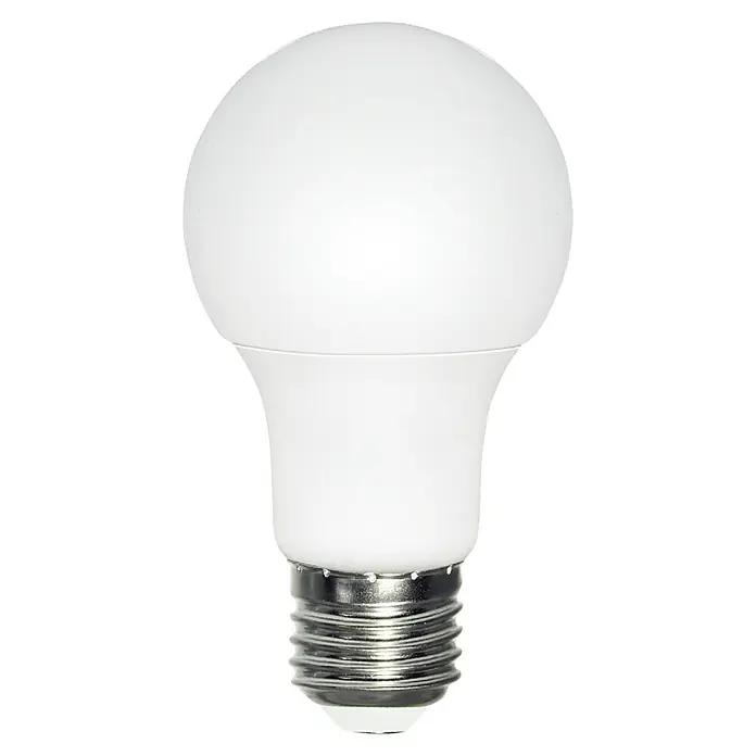 Garza Set de bombillas LED - E27, No regulable, Blanco neutro, 1.060 lm, 12 W, 3 ud. - Primer plano de una bombilla LED con difusor blanco mate y base plateada sobre un fondo negro contrastado.