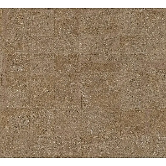 A.S. Création Stories of Life Vliestapete - Gold-Taupe, Grafisch, 10,05 x 0,53 m - Nahaufnahme einer strukturierten, braunen Fliesenoberfläche, die ein rustikales und natürliches Aussehen bietet.