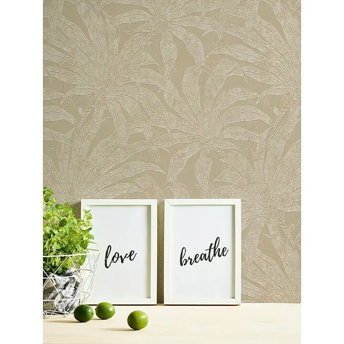 A.S. Création Jade 2 Vliestapete Pflanzen - Grau-Weiß-Gold, Floral, 10,05 x 0,53 m - Dekorative Wohnraumtapete mit Pflanzenmuster, kombiniert mit trendigen Wandbildern und frischen Limetten für ein stilvolles Ambiente.