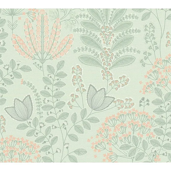 A.S. Création Famous Garden Vliestapete - Grün-Grau-Rosa, Floral, 10,05 x 0,53 m - Zartes florales Muster mit sanften Grün- und Rosatönen, ideal für elegante Wandgestaltungen und Textilien.