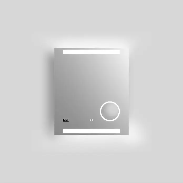 DSK Lichtspiegel Silver Rey - 60 x 70 cm, Silber, Leuchtmittel - Beleuchteter Badezimmerspiegel mit digitaler Anzeige und runder Beleuchtung für ein modernes Ambiente im Badezimmer.