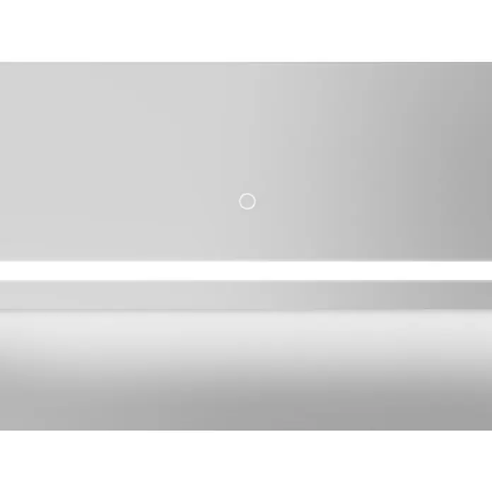 DSK Lichtspiegel Silver Rey - 60 x 70 cm, Silber, Leuchtmittel - Nahaufnahme einer modernen, weißen Spiegelfront mit LED-Beleuchtung und rundem Touch-Schalter, ideal für Badezimmer oder Ankleidezimmer.