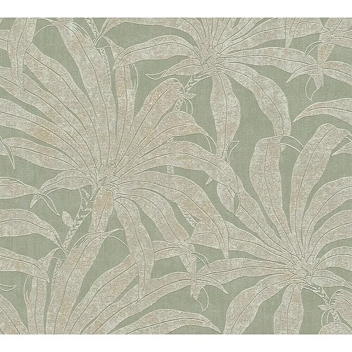 A.S. Création Jade 2 Vliestapete Pflanzen - Grün-Gold-Silber, Floral, 10,05 x 0,53 m - Elegante grüne Tapete mit stilisierten tropischen Blättern in Beige. Perfekt für ein entspanntes Ambiente in jedem Raum.