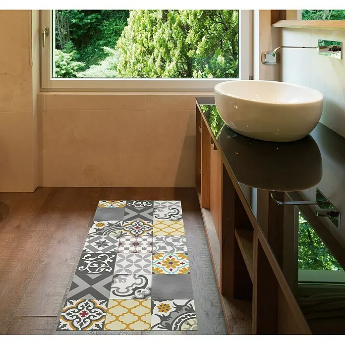 Alfombra de vinilo Croma Patch - Gris/Amarillo, 75 x 45 cm - Alfombra de baldosas de colores en el baño.