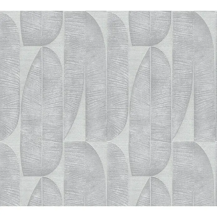 A.S. Création Stories of Life Vliestapete - Helles Braungrau, Floral, 10,05 x 0,53 m - Elegantes geometrisches Tapetenmuster in sanften Grautönen. Das Design besteht aus stilisierten Blattformen und geraden Linien, die eine moderne und ruhige Atmosphäre schaffen.