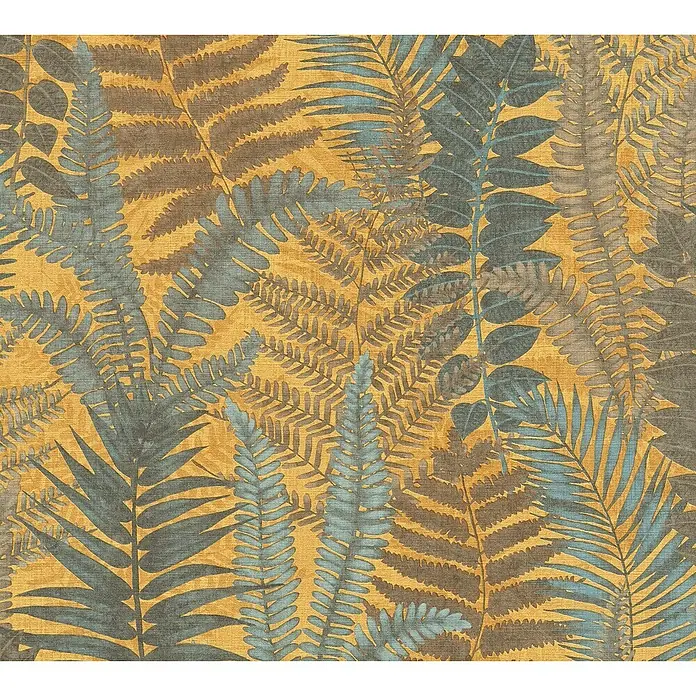 A.S. Création Famous Garden Vliestapete - Gelb-Blau-Braun, Floral, 10,05 x 0,53 m - Texturiertes Blattmuster in Gelb-, Braun- und Blautönen. Dekoratives Blätterdesign für Stoffe oder Wandgestaltung mit Dschungel-Atmosphäre.