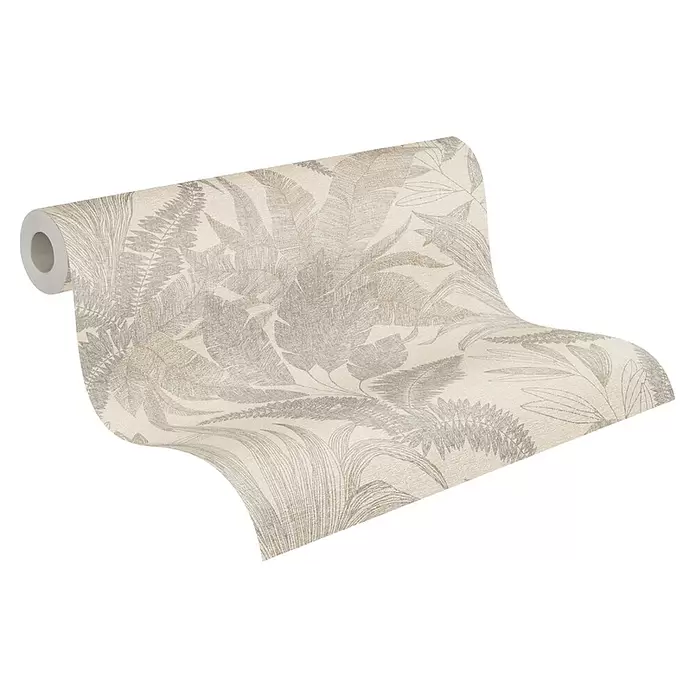 A.S. Création Stories of Life Vliestapete Dschungel - Beige-Gold, Floral, 10,05 x 0,53 m - Tapetenrolle mit tropischem Blattmuster in Hellbeige/Gold und Grau.