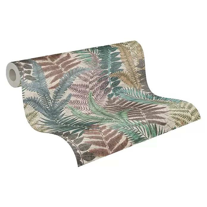 A.S. Création Famous Garden Vliestapete - Bunt-Beige-Grün, Floral, 10,05 x 0,53 m - Tapetenrolle mit tropischem Farnmuster in Grün, Türkis, Braun und Violett.