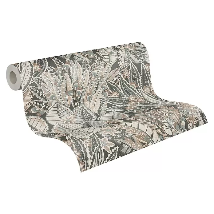 A.S. Création Stories of Life Vliestapete Blumen - Schwarz-Braun-Grau, Floral, 10,05 x 0,53 m - Tapetenrolle mit dunklem Hintergrund und aufwendigem botanischem Muster in Beige, Hellblau und Braun.