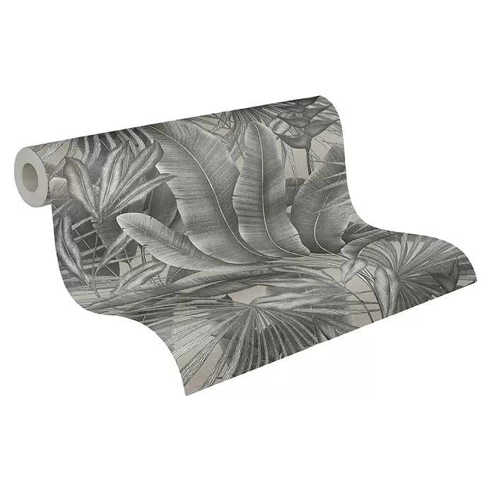 A.S. Création Stories of Life Vliestapete - Grau-Beige-Schwarz, Floral, 10,05 x 0,53 m - Tapetenrolle in Grau und Beige mit tropischem Blättermuster.