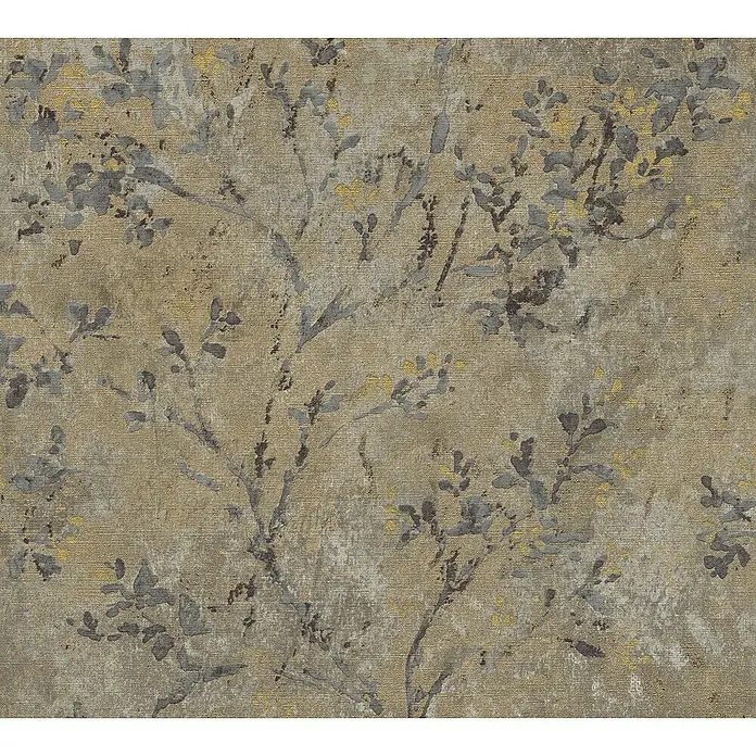 A.S. Création Stories of Life Vliestapete Zweig - Braun-Grau-Gold, Floral, 10,05 x 0,53 m - Eine Nahaufnahme eines Stoffmusters mit abstraktem Baumdesign in Beige-, Grau- und Gelbtönen. Perfekt für Dekokissen und Polsterarbeiten.