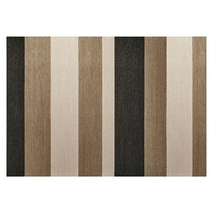 Alfombra de vinilo Living Stripes - Camel, 200 x 140 cm - Detalle de una muestra de tela a rayas en tonos marrones, beiges y negros. Superficie texturizada, ideal para tapicería o decoración.