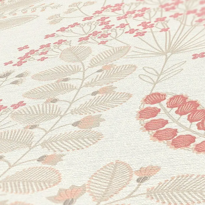 A.S. Création Famous Garden Vliestapete - Weiß-Taupe-Rosa, Floral, 10,05 x 0,53 m - Nahaufnahme einer Tapete mit einem zarten floralen Muster in Rosa- und Beigetönen, ideal für eine elegante Raumgestaltung.
