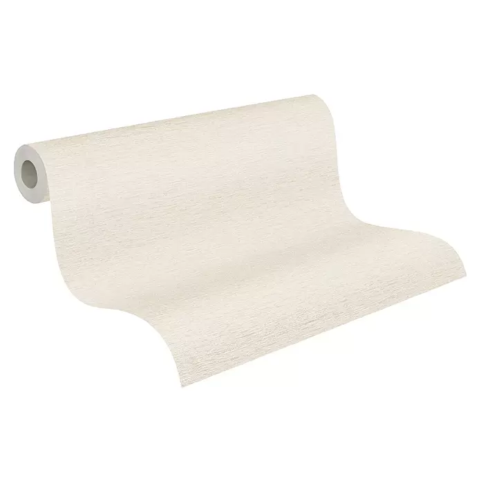 A.S. Création Famous Garden Vliestapete - Creme-Weiß-Beige, Uni, 10,05 x 0,53 m - Rolle strukturierte, hellbeige Tapete, teilweise abgerollt.