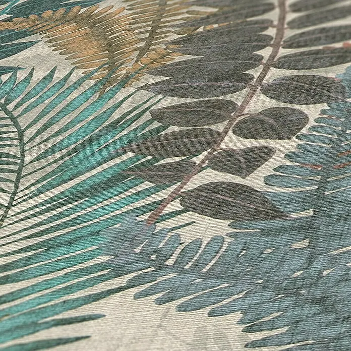 A.S. Création Famous Garden Vliestapete - Bunt-Beige-Grün, Floral, 10,05 x 0,53 m - Ein Nahaufnahme-Bild einer Stoffoberfläche mit einem Blattmuster in verschiedenen Grüntönen, Braun und Grau.