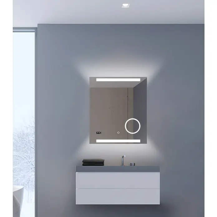 DSK Lichtspiegel Silver Rey - 60 x 70 cm, Silber, Leuchtmittel - Beleuchteter Badezimmerspiegel mit modernem Design. Der Spiegel verfügt über eine LED-Beleuchtung und ein elegantes, minimalistisches Aussehen.