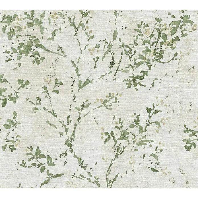 A.S. Création Stories of Life Vliestapete Zweig - Beige-Grün-Gold, Floral, 10,05 x 0,53 m - Hintergrundbild mit zarten, grünen Blättern und Zweigen, die eine ruhige, natürliche Atmosphäre schaffen.