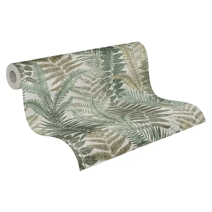 A.S. Création Famous Garden Vliestapete - Beige-Grün-Braun, Floral, 10,05 x 0,53 m - Tapetenrolle mit grünem Farnmuster.