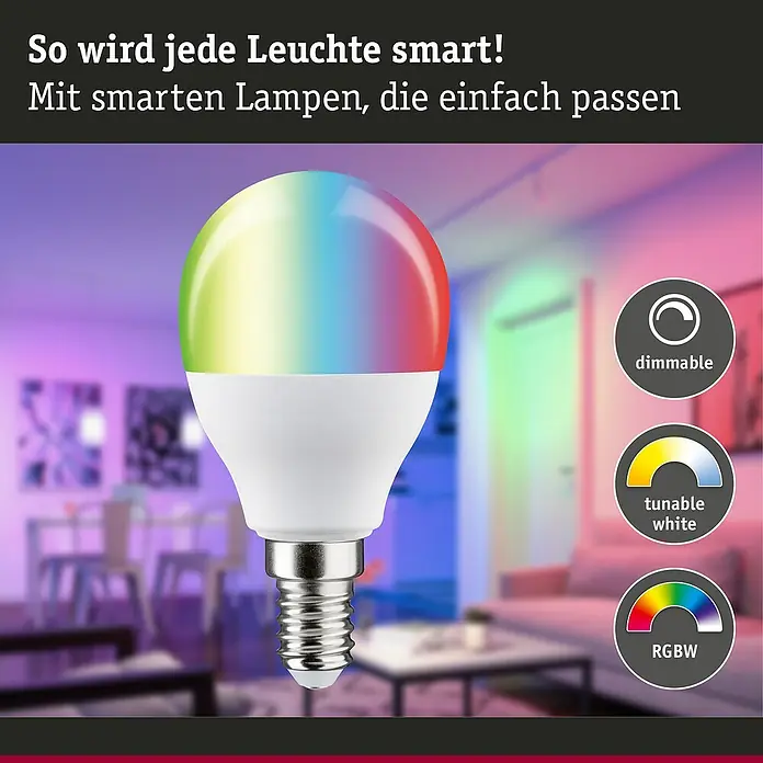 Paulmann Smart-LED-Lampe - E14, Dimmbar, RGBW, 470 lm, 5 W, Tropfen - Intelligente Lampe mit RGBW-Funktion, dimmbar und einstellbarem Weißton für eine individuelle Beleuchtung.