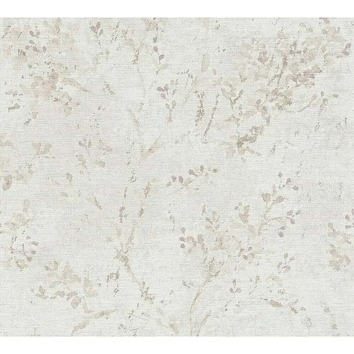 A.S. Création Stories of Life Vliestapete Zweig - Grau-Beige-Lila, Floral, 10,05 x 0,53 m - Dezentes florales Muster auf Textilhintergrund, ideal für elegante Wandgestaltungen.
