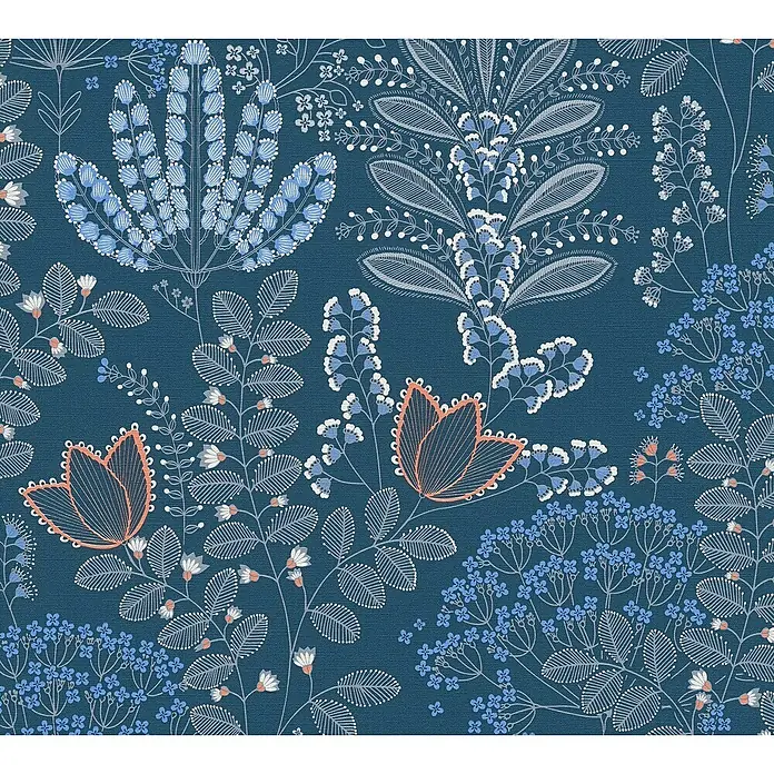 A.S. Création Famous Garden Vliestapete - Blau-Weiß-Grau, Floral, 10,05 x 0,53 m - Elegantes florales Tapetenmuster in Blau-, Weiß- und Koralltönen. Perfekt für eine stilvolle Wandgestaltung mit botanischem Flair.