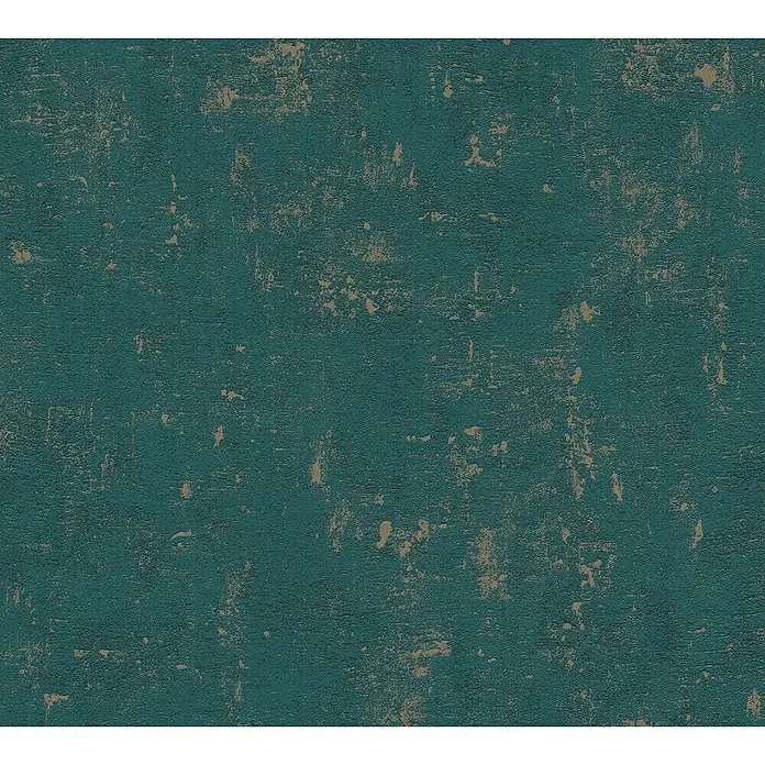 A.S. Création Jade 2 Vliestapete - Petrol-Gold, Uni, 10,05 x 0,53 m - Eine Nahaufnahme eines Wandteppichs mit einer abgenutzten Textur in den Farben Petrol und Beige, die eine rustikale und elegante Atmosphäre schafft.
