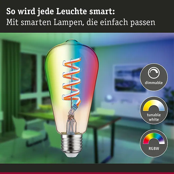 Paulmann Smart-LED-Lampe - E27, Dimmbar, RGBW, 470 lm, 6,3 W, ST64, Tropfen - Intelligente Glühbirne mit bunten Farbverläufen, dimmbar, tunable white und RGBW Funktion für individuelle Beleuchtung.
