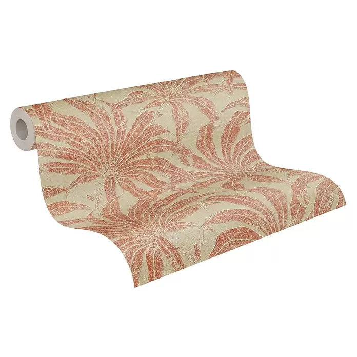 A.S. Création Jade 2 Vliestapete Pflanzen - Beige-Rot-Orange, Floral, 10,05 x 0,53 m - Strukturierte Tapetenrolle mit großem korallenrotem Tropenblattmuster auf beigem Grund.