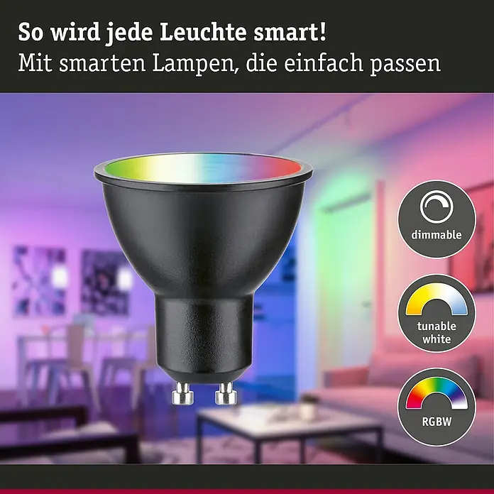 Paulmann Smart-LED-Lampe - GU10, Dimmbar, RGBW, 350 lm, 4,8 W, Schwarz - Intelligente Lampe mit Dimmfunktion, einstellbarem Weißton und RGBW-Farbwechsel für ein intelligentes Zuhause.