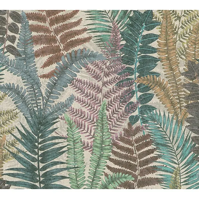 A.S. Création Famous Garden Vliestapete - Bunt-Beige-Grün, Floral, 10,05 x 0,53 m - Textildruck mit Farnmuster. Das dichte, vielseitige Design zeigt Farne in Braun-, Grün- und Blautönen auf beigem Grund.