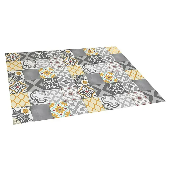 Alfombra de vinilo Croma Patch - Gris/Amarillo, 180 x 120 cm - Suelo con baldosas de colores en varios diseños y colores. Ideal para cocina o baño.