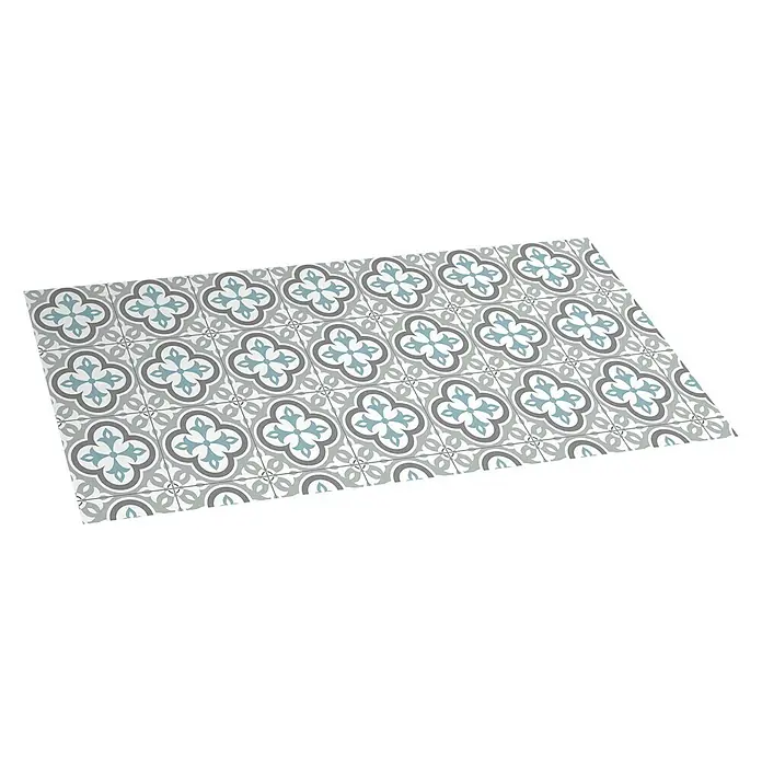 Alfombra de vinilo Croma Hidra topo - 110 x 50 cm - Un revestimiento de suelo rectangular con un patrón floral retro en tonos grises y azules, creando un ambiente elegante y con estilo.