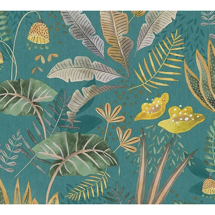 A.S. Création Famous Garden Vliestapete - Petrol-Grün-Gelb, Floral, 10,05 x 0,53 m - Ein dekoratives Bild mit tropischen Pflanzen und Blumen in verschiedenen Farben auf einem blauen Hintergrund.