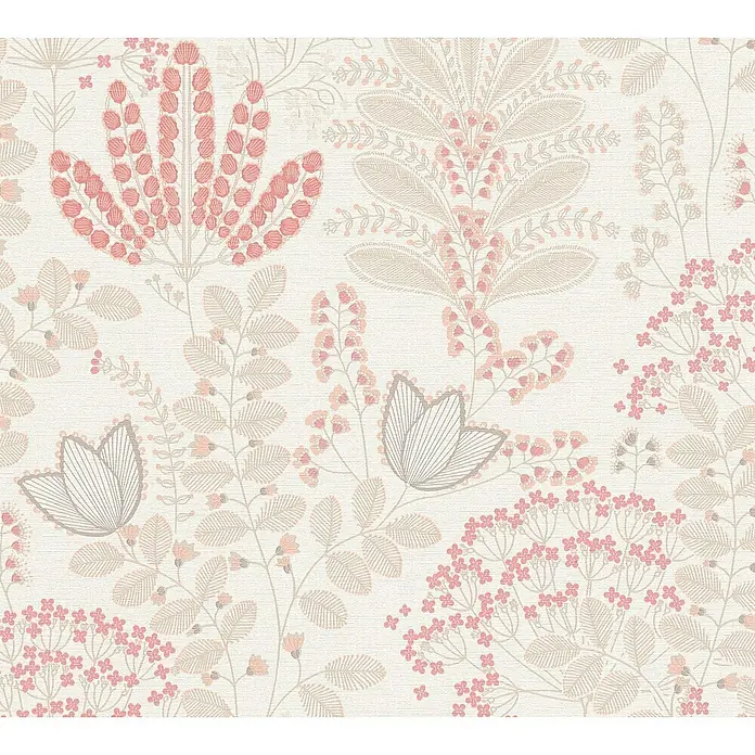 A.S. Création Famous Garden Vliestapete - Weiß-Taupe-Rosa, Floral, 10,05 x 0,53 m - Elegantes florales Muster-Tapetendesign mit zarten rosa und beigen Blumenmotiven auf einem dezent strukturierten Hintergrund.