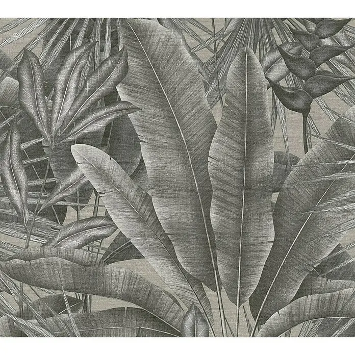 A.S. Création Stories of Life Vliestapete - Grau-Beige-Schwarz, Floral, 10,05 x 0,53 m - Detailreiche Darstellung eines botanischen Musters mit grossen tropischen Blättern in Grautönen, ideal für stilvolle Wanddekorationen und Textilien.