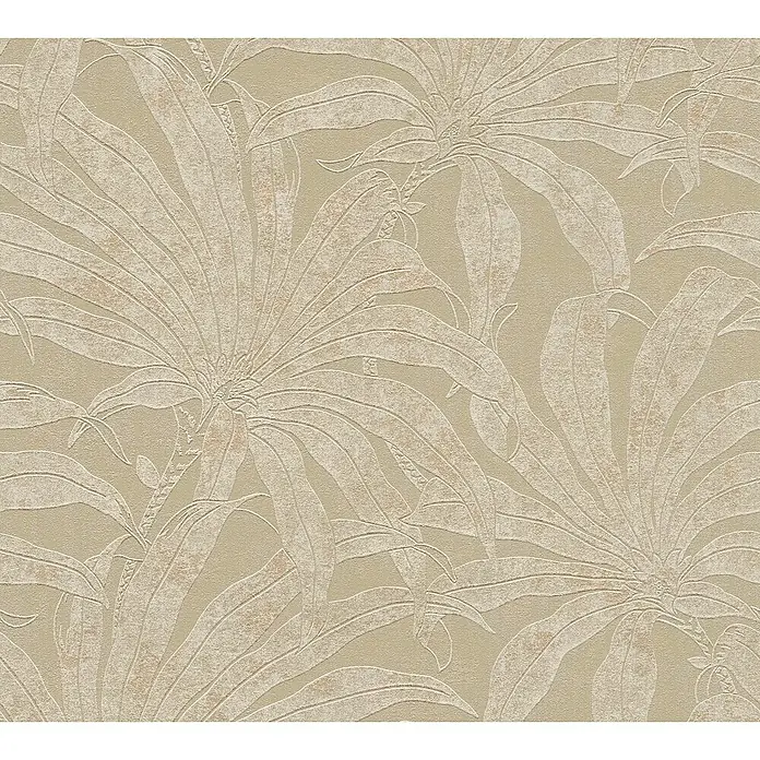 A.S. Création Jade 2 Vliestapete Pflanzen - Grau-Weiß-Gold, Floral, 10,05 x 0,53 m - Nahaufnahme einer beigen Tapete mit einem dezenten Palmenblattmuster, das eine ruhige, natürliche Atmosphäre schafft.\n