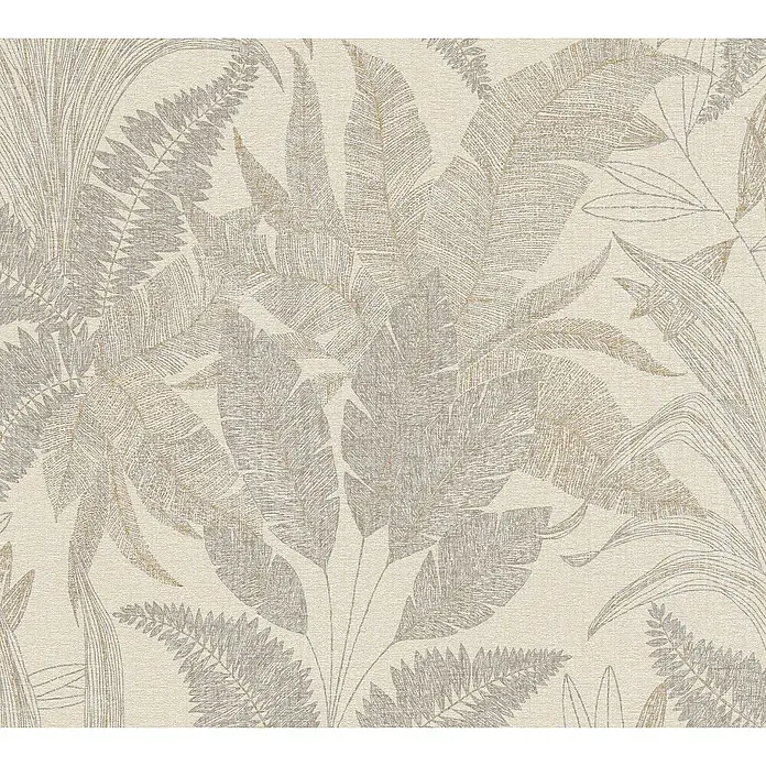 A.S. Création Stories of Life Vliestapete Dschungel - Beige-Gold, Floral, 10,05 x 0,53 m - Elegante Tapete mit detailliertem botanischem Muster in neutralen Farbtönen, ideal für stilvolle Wandgestaltung.